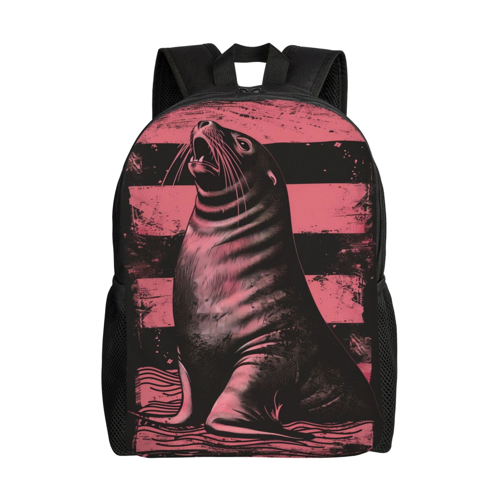 Xecao Graphic Seal On Stripes Print School Backpack with Laptop Compartment Small Travel Laptop Backpack for Women Men Waterproof College Backpack Simple School Bag