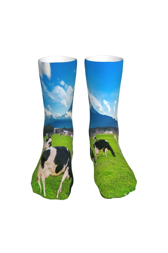 Grazing Cows Mountain View Print Fashion No Heel Casual Crew Socks Cushioned Breathable for Men Women - Moisture wicking,Not easy to fade Suitable for daily