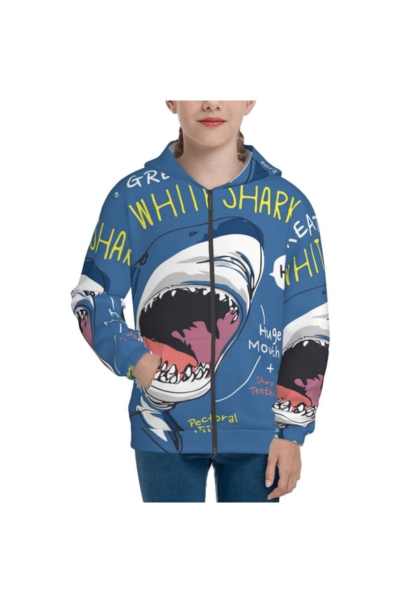 Great White Shark Pattern Zip Up Hoodies for Boys Girls, Sweatshirt with Pockets-Medium