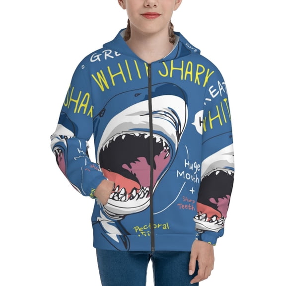 Xecao Great White Shark Pattern Zip Up Hoodies for Boys Girls, Sweatshirt with Pockets-Medium