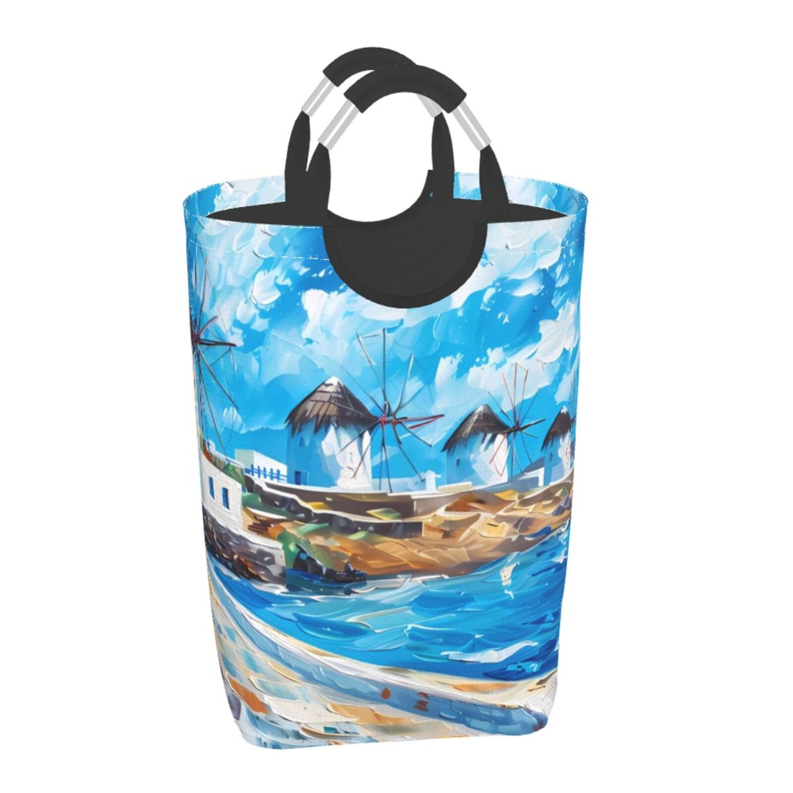 Xecao Greek Island Windmills Painting for Laundry Basket,Collapsible Large Laundry Hamper,Wash Bag for Laundry Room, Rolling Laundry Basket with Handles
