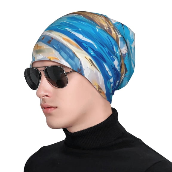 Xecao Greek Island Windmills Painting Print Beanie Knitted Hat for Men Women, Winter Fashion Knit Cuffed Caps Unisex