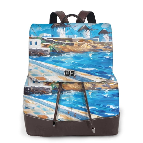 Xecao Greek Island Windmills Painting Print Large Backpack Soft Leather for Women Travel with Compartment, Adjustable Convertible Strap