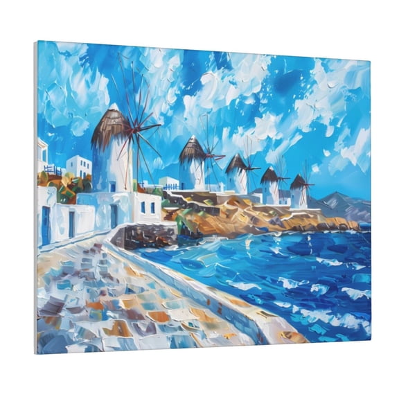 Xecao Greek Island Windmills Painting for Waterproof Framed Canvas Art - Modern Home Decor with Real Wood Frame for Gifting and Interior Design,Horizontal