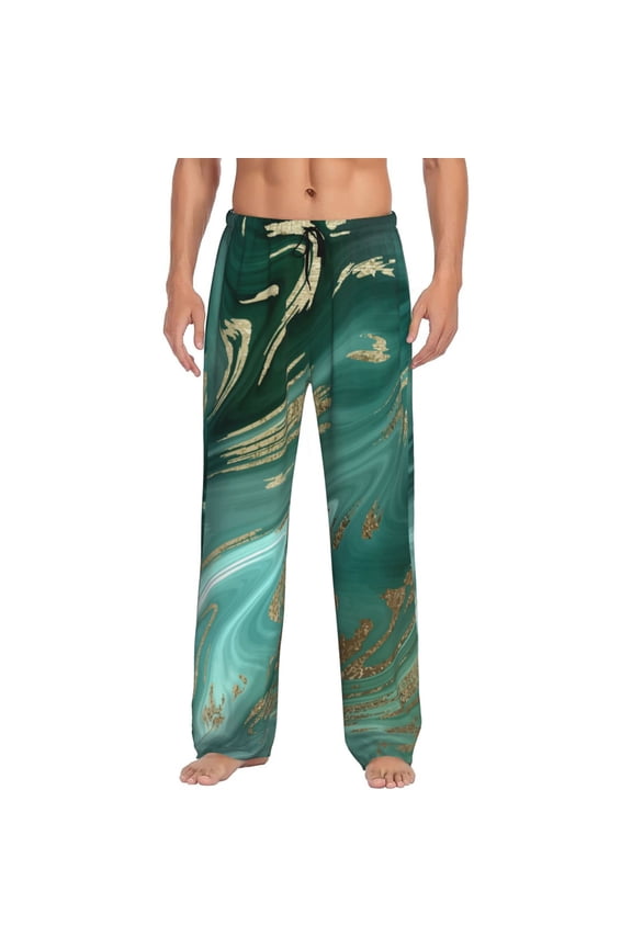 Green And Gold Marble Print Men's Straight Lounge Pajama Pants - The Ultimate in Comfortable Sleepwear-