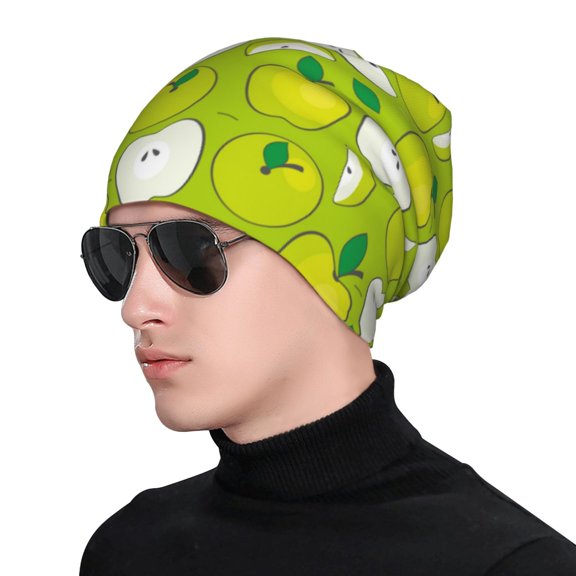 Xecao Green Apple Print Beanie Knitted Hat for Men Women, Winter Fashion Knit Cuffed Caps Unisex