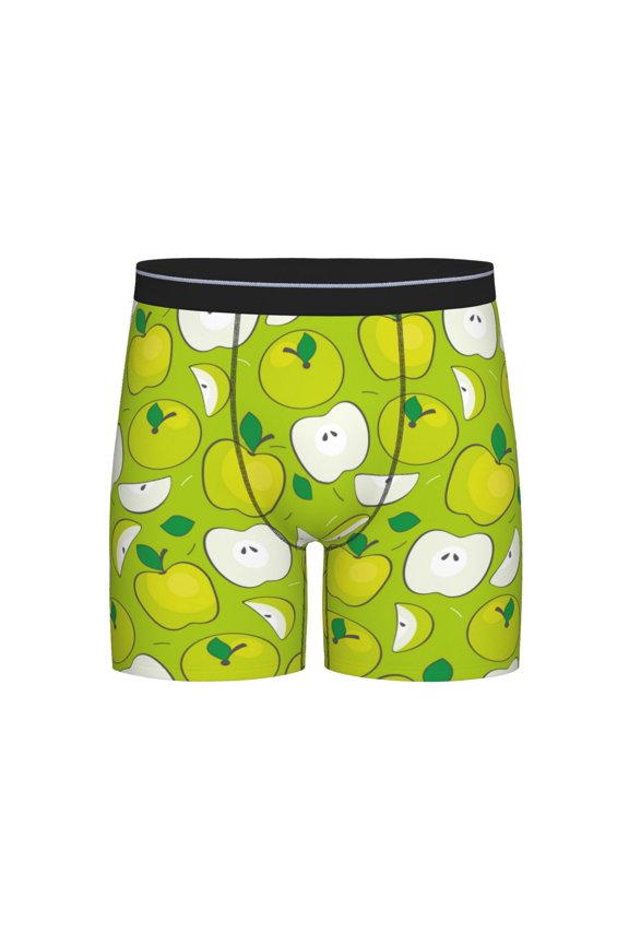 Green Apple Print Boxer Briefs for Men's Stretch Moisture-Wicking Underwear, Mid-Rise Classics breathable fabric