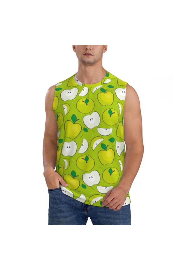 Green Apple Print Men's Tank Top: Sleek Sleeveless Tee for Casual Sports and Beach Occasions-Small