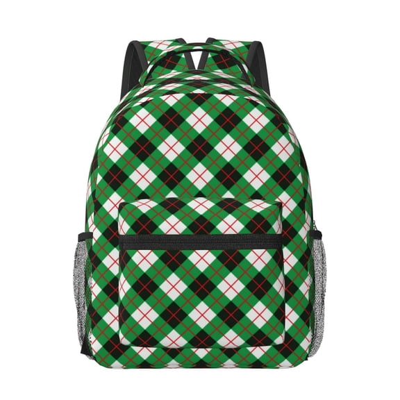 Xecao Green Argyle Plaid Print Casual Backpack: A Computer Backpack Ideal for Men and Women, Perfect for College, School, or Daily Travels-One Size