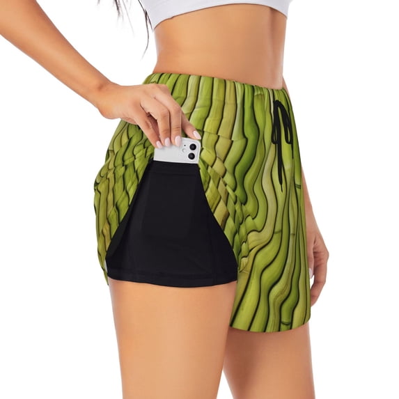 Xecao Green Bamboo Fence for Double-layer Running Short for Women, Perfect for Gym, Tennis, and More, Featuring a Convenient Pocket-XX-Large
