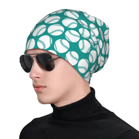 Xecao Green Baseball Print Beanie Knitted Hat for Men Women, Winter Fashion Knit Cuffed Caps Unisex