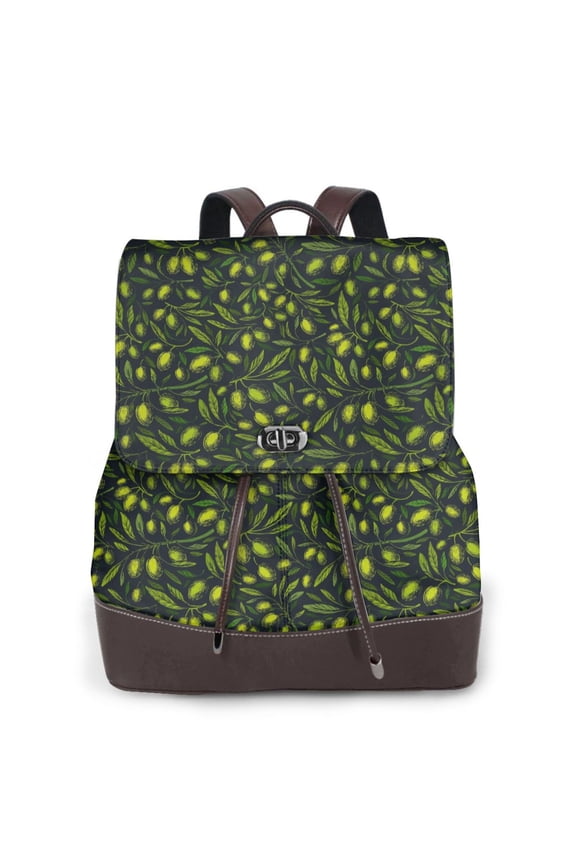 Green Branch Olive Print Large Backpack Soft Leather for Women Travel with Compartment, Adjustable Convertible Strap