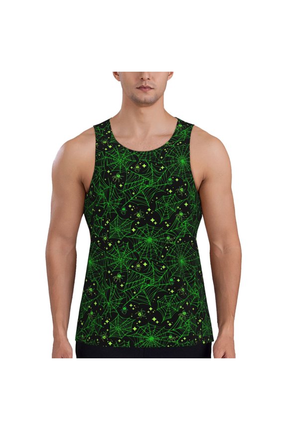 Green Bright Web with Spiders Men's Tank Top Workout Quick Dry Sleeveless Gym Jogging Muscle Shirts Summer Swim Beach Tops