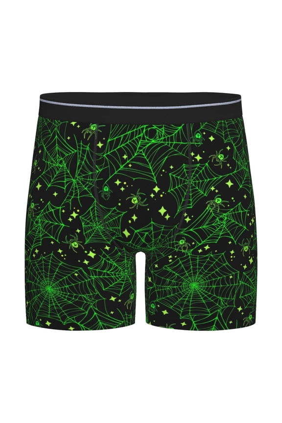 Green Bright Web with Spiders Print Boxer Briefs for Men's Stretch Moisture-Wicking Underwear, Mid-Rise Classics breathable fabric