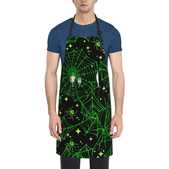 Xecao Green Bright Web with Spiders Print Kitchen Cooking Aprons, Waterproof Adjustable Bib Aprons with 2 Pockets for Women Men Chef