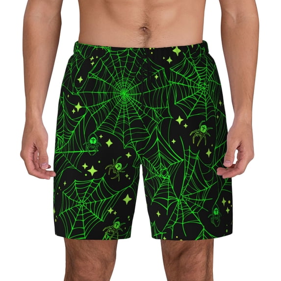Xecao Green Bright Web with Spiders for Men's Swimming Trunks Swim Trunks Quick Dry Swim Shorts with Mesh Lining Funny Swimwear Bathing Suits