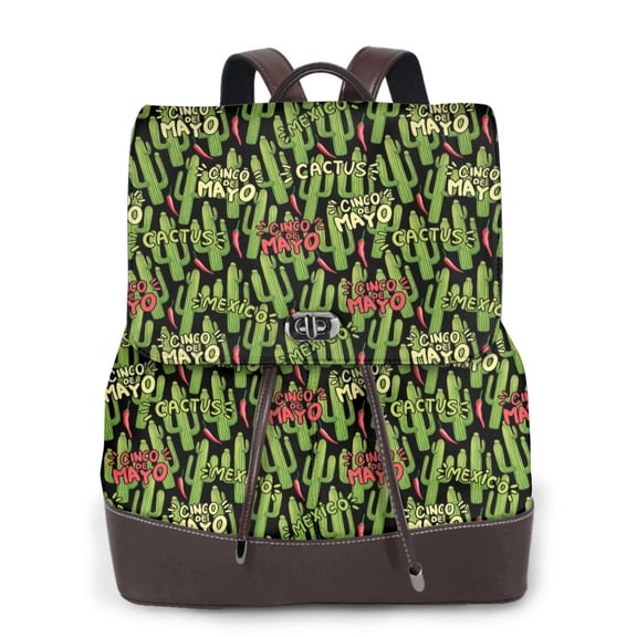 Xecao Green Cacti And Red Chili Print Large Backpack Soft Leather for Women Travel with Compartment, Adjustable Convertible Strap