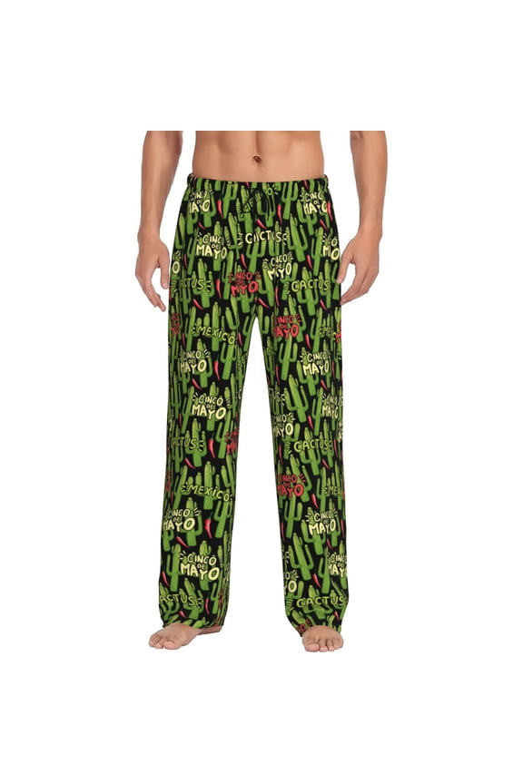 Green Cacti And Red Chili Print Men's Straight Lounge Pajama Pants - The Ultimate in Comfortable Sleepwear-Medium