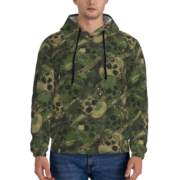 Xecao Green Camouflage Skull Pattern Men's Adult Pullover Hoodie,Hooded Sweatshirt-Small