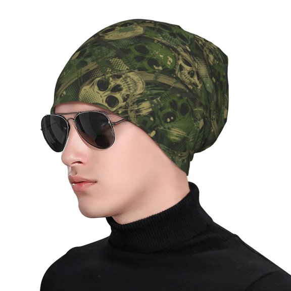 Xecao Green Camouflage Skull Print Beanie Knitted Hat for Men Women, Winter Fashion Knit Cuffed Caps Unisex