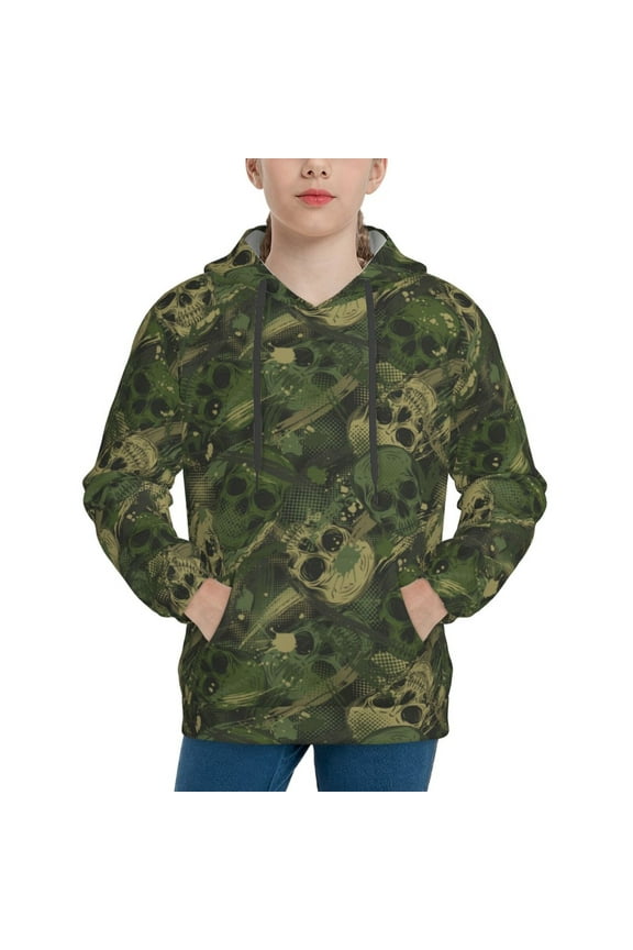 Green Camouflage Skull Print Youth Hoodie Sweatshirt,Boys Hoodies,Essentials Hoodie-Medium