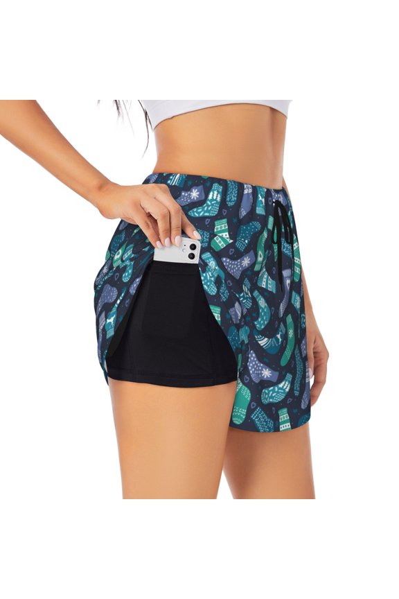 Green Christmas Print Socks for Double-layer Running Short for Women, Perfect for Gym, Tennis, and More, Featuring a Convenient Pocket-Medium