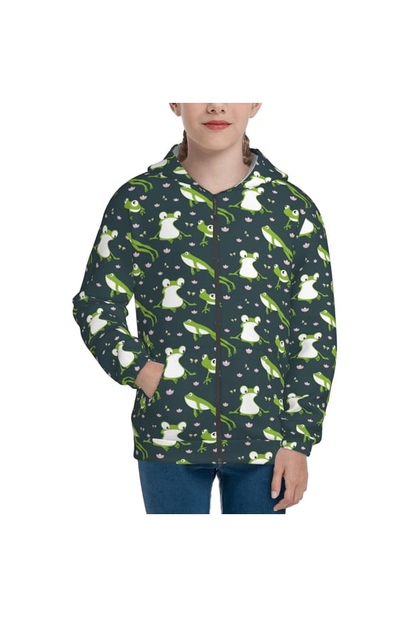 Green Frogs Pattern Zip Up Hoodies for Boys Girls, Sweatshirt with Pockets-Small