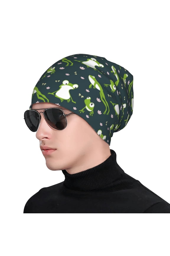 Green Frogs Print Beanie Knitted Hat for Men Women, Winter Fashion Knit Cuffed Caps Unisex
