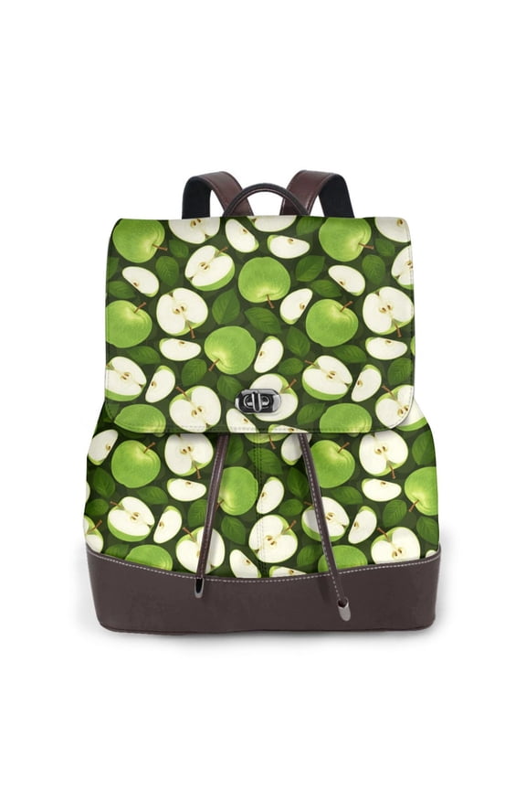 Green Fruit Print Large Backpack Soft Leather for Women Travel with Compartment, Adjustable Convertible Strap