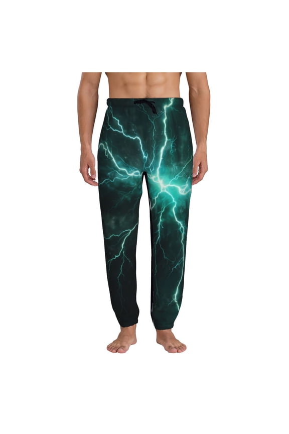 Green Lightning Flash Print Active Tech Joggers for Men, Mens Sweatpants Lounge Pants with Pockets-3X-Large