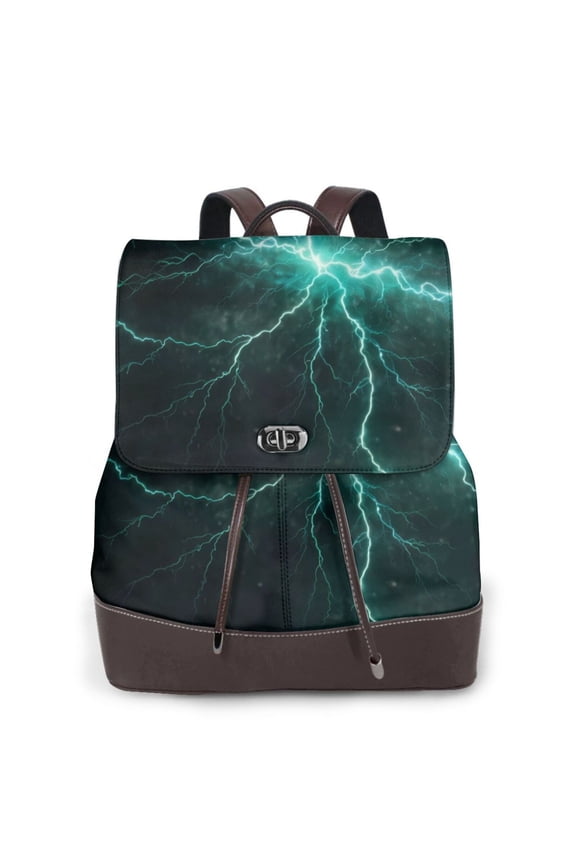 Green Lightning Flash Print Large Backpack Soft Leather for Women Travel with Compartment, Adjustable Convertible Strap