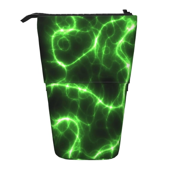 Xecao Green Lightning Print Telescopic Pencil Bag Pen Holder Pop Up Stationery Case Stand-up Retractable Transformer Bag Standing Organizer