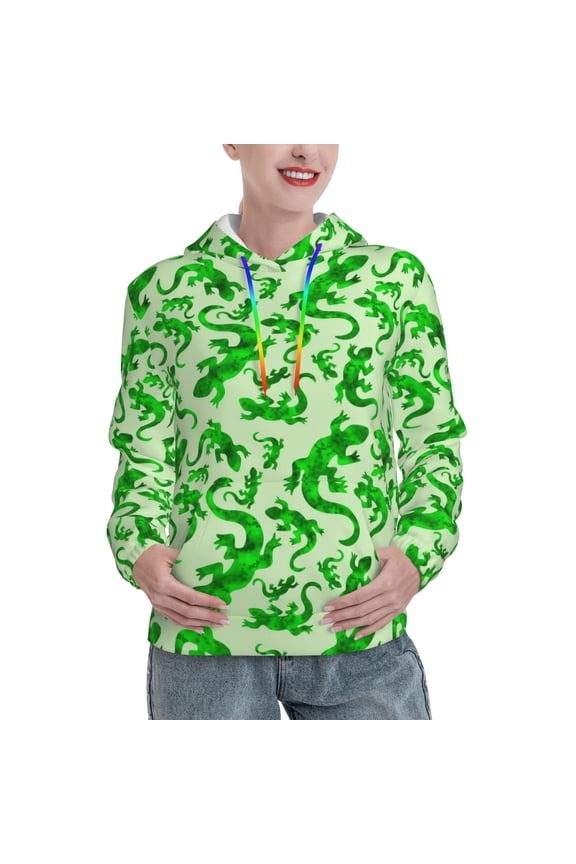 Green Lizard Pattern Hoodies for Women Sweatshirts Long Sleeve Sweatshirts Pullover Outfits with Pocket-X-Large