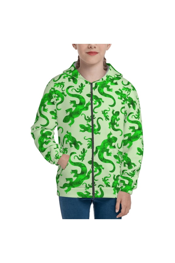 Green Lizard Pattern Zip Up Hoodies for Boys Girls, Sweatshirt with Pockets-Small