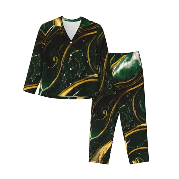 Xecao Green Marble Print Women Pajamas Set Soft Sleepwear Pjs long Sleeve Button Down Nightwear with Long Pants