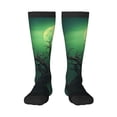 thumbnail image 1 of Xecao Green Night Sky Moon Branches print thigh-high socks, crafted for both men and women with a stretchy, high-opaque design perfect for daily wear, 1 of 6