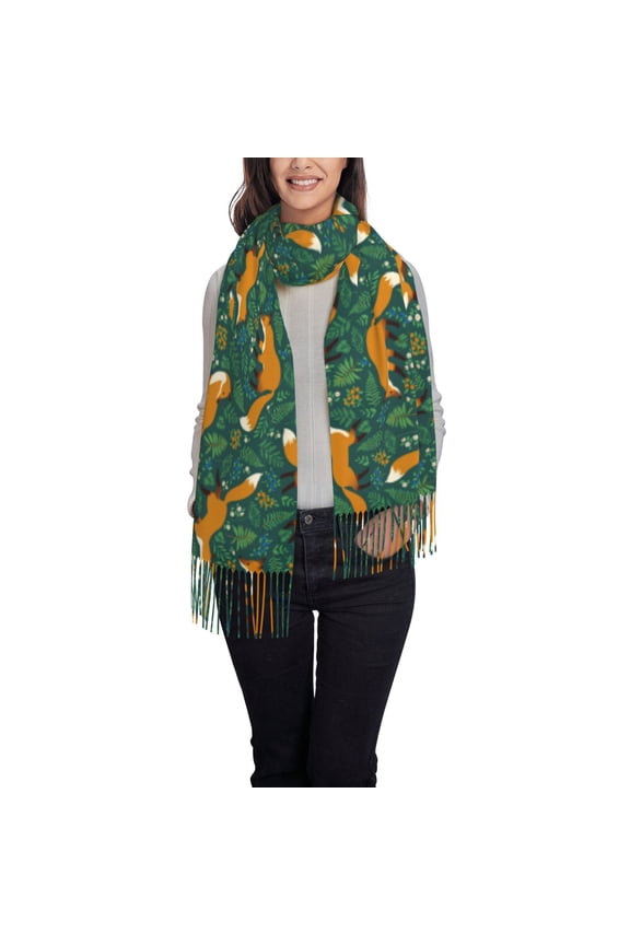 Green Plants with Fox Pattern Womens Winter Scarf Fall Scarf Oversized Large Scarf for Women Warm Shawl Wrap