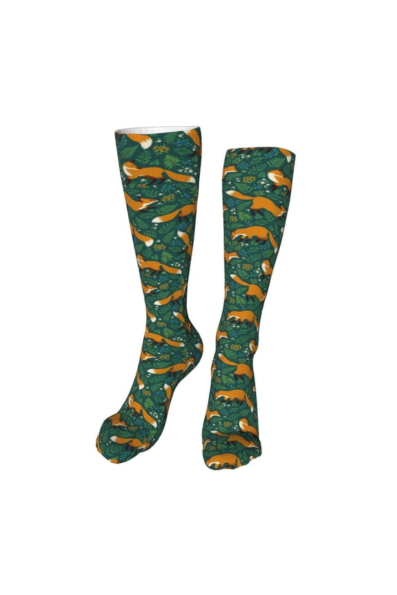 Green Plants with Fox Print Calf Socks Seamless Toe, Knee High Long Socks, Sports Socks Trouser Socks for Women and Men-One Size