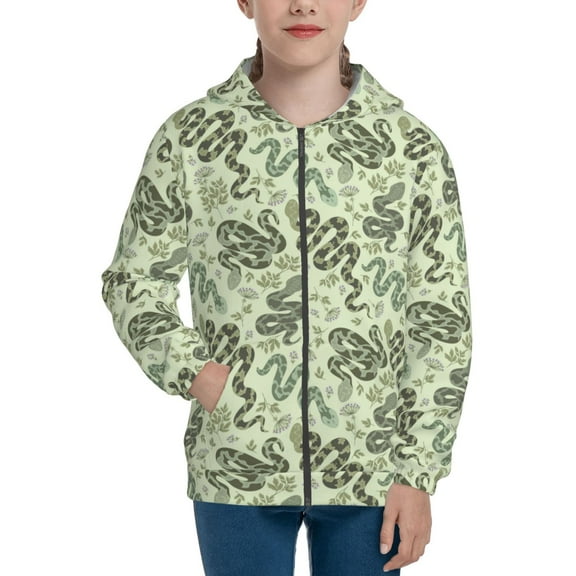 Xecao Green Snake Pattern Zip Up Hoodies for Boys Girls, Sweatshirt with Pockets-Small