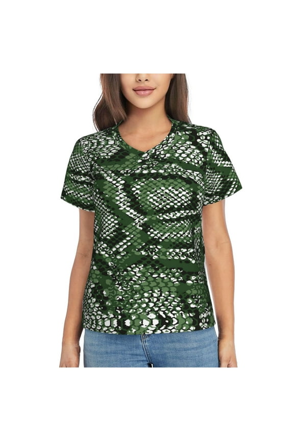 Green Snakeskin for Women's V-Neck T-Shirts-Elegant Half-Sleeve Tops Perfect for Summer-XX-Large