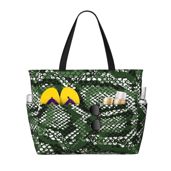 Xecao Green Snakeskin for versatile beach bag for women includes zipper pockets and waterproof material, ideal for vacations and adventures.