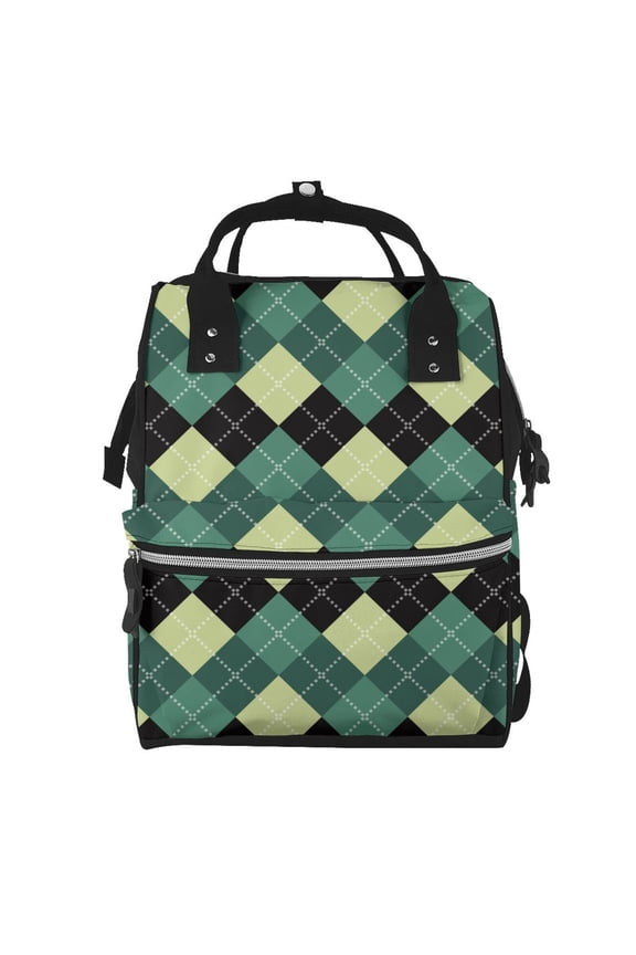 Green Squares print Large Capacity Nappy Bag is a multi-functional waterproof travel backpack, perfect as a nursing bag or mummy backpack for women