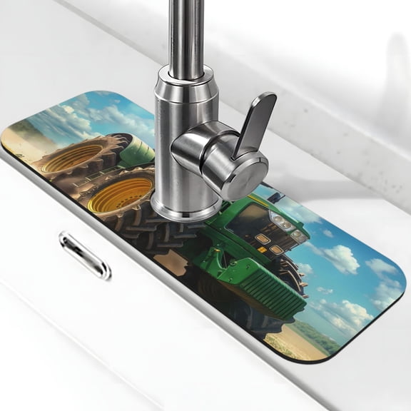 Xecao Green Tractor Field for Kitchen Sink Splash Guard Faucet Mat , Faucet Guard & Draining mat, (15" X 5.5" )