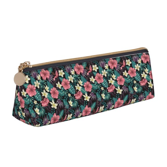 Xecao Green Tropical Leaves Print Leather Pencil Case -Stationery Bag Pen Holder for Work & Office