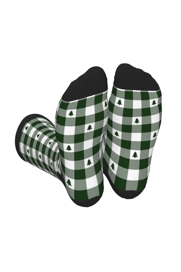 Green White Christmas Tree Lumberjack Plaid Print Crew Socks for Men and Women, Men's Soft Moisture-wicking Sock