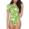 thumbnail image 1 of The Xecao Green White Flowers Women's Crew Neck Body Suit, a short-sleeved bodysuit and basic swimsuit, both comfort and style for dating and daily life, 1 of 9