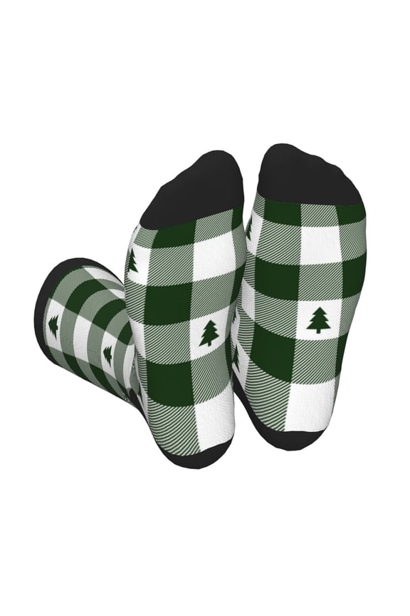 Green White Lumberjack Plaid Print Crew Socks for Men and Women, Men's Soft Moisture-wicking Sock