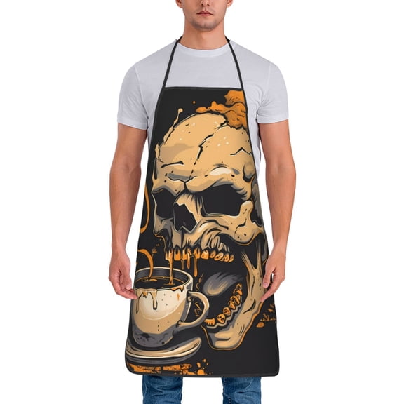 Xecao Grim Coffee Skull Print Funny BBQ Chef Aprons for Men Women,Adjustable Kitchen Cooking Aprons with Pocket Waterproof Oil Proof No Pilling Fading