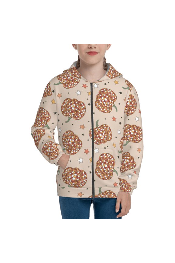Groovy Disco Pumpkin Pattern Zip Up Hoodies for Boys Girls, Sweatshirt with Pockets-Medium
