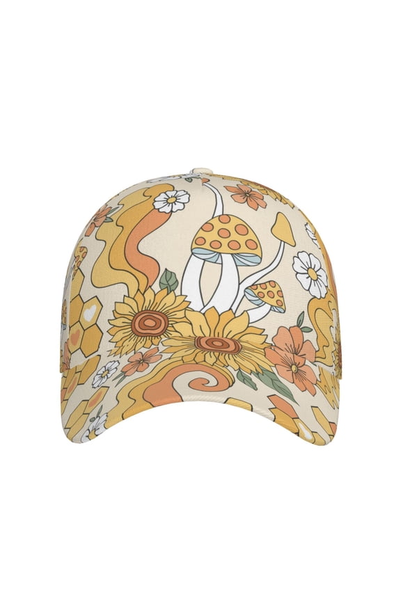 Groovy Hippie Flower Mushrooms for Baseball Cap: Unisex, crafted from classic polyester twill fabric, featuring a soft unconstructed design